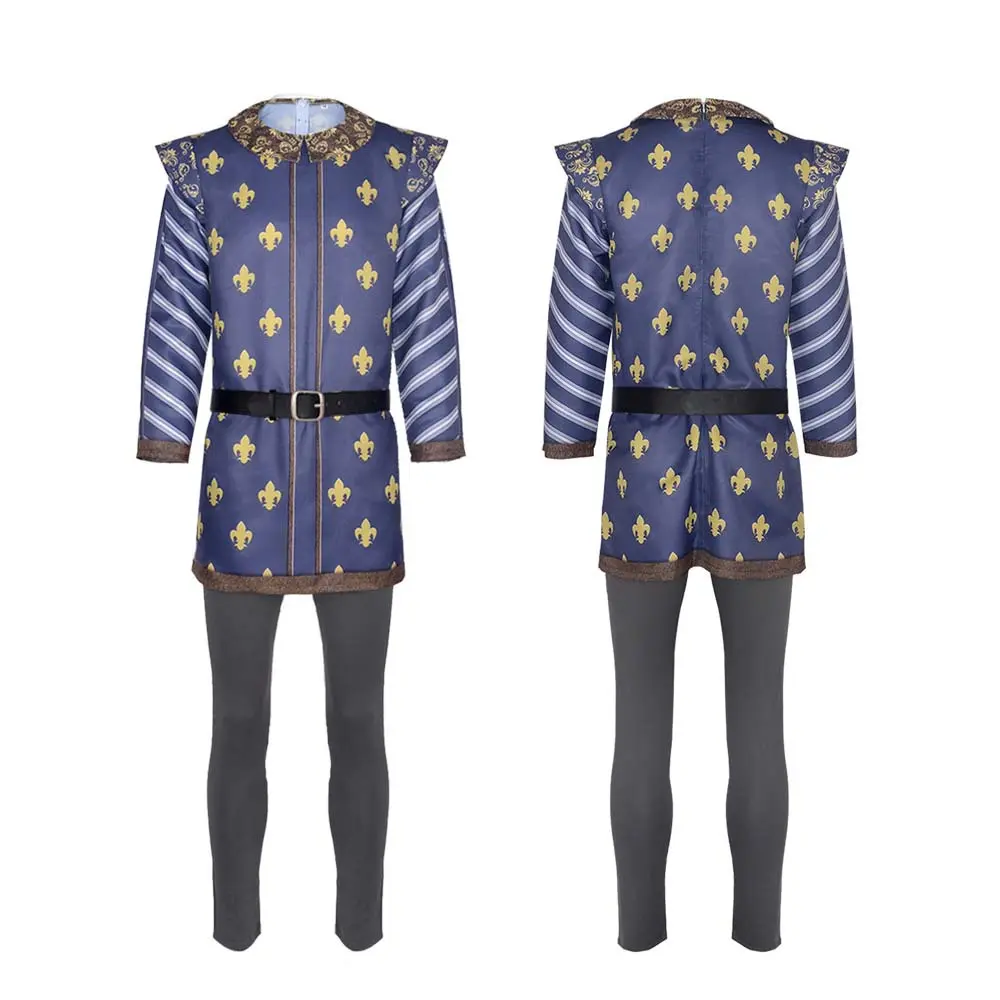 Prince Charming Cosplay Costume Set Men Medieval Shirt Pants Belt with Gold Fleur De Lis for Comic Con