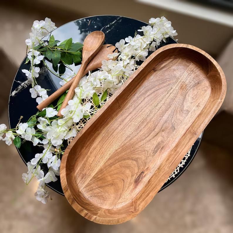 Extra Long Handmade Wood Dough Bowl, Hand Carved Extra Large Bread Bowl, Farmhouse Decor Rustic Wood Bowl, Centerpieces for Dining Table