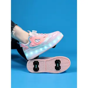 Girls' Walking Shoes with Rotating Buckle, Night Glow Color Changing LED Lights, Waterproof Leather, USB Rechargeable, Detachable Wheels, Trendy Trainers