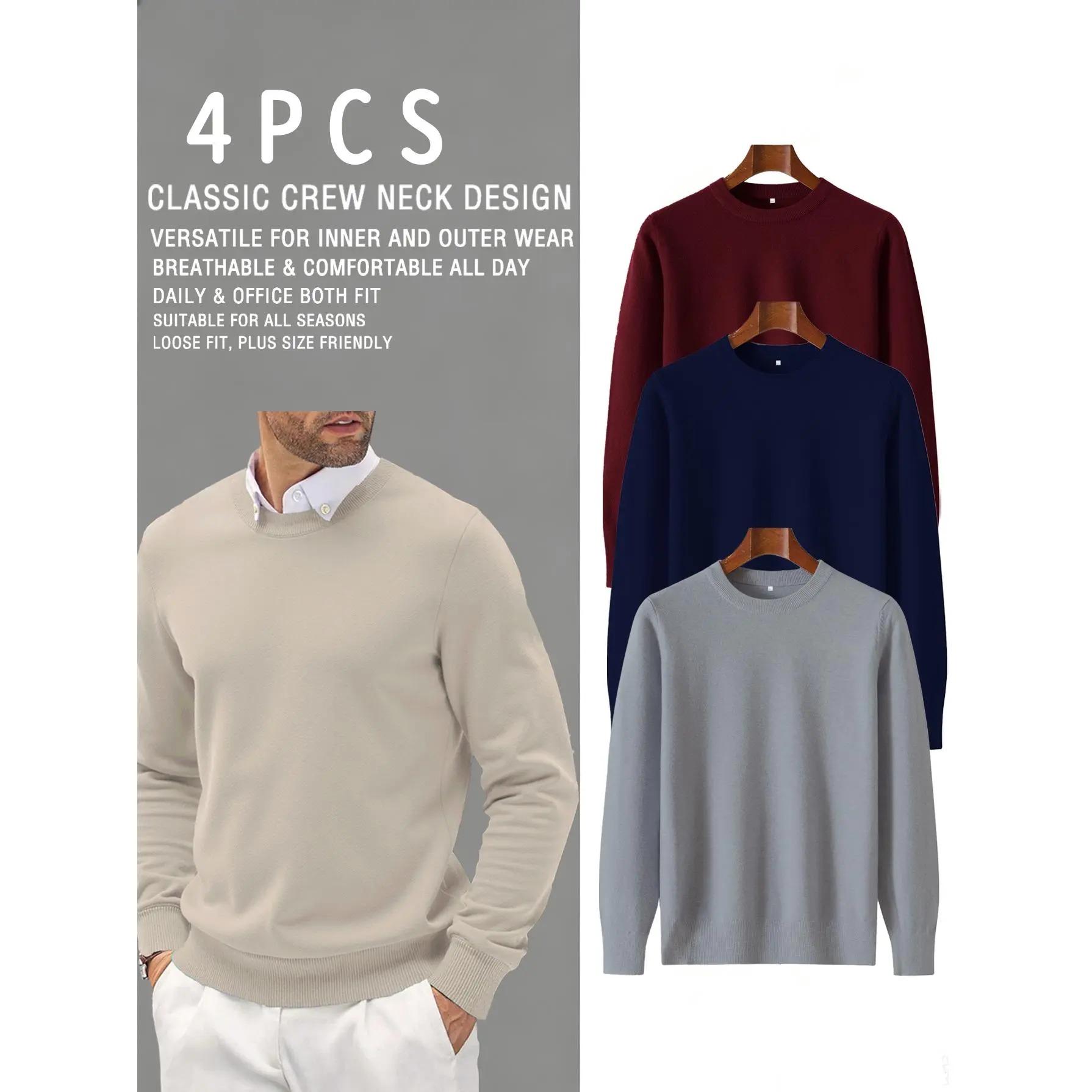 Men's 4 Pack Crew Neck Knit Sweater, Long Sleeve Solid Color Lightweight Pullover, Smart Casual Layering Knitted Tops S-XXL
