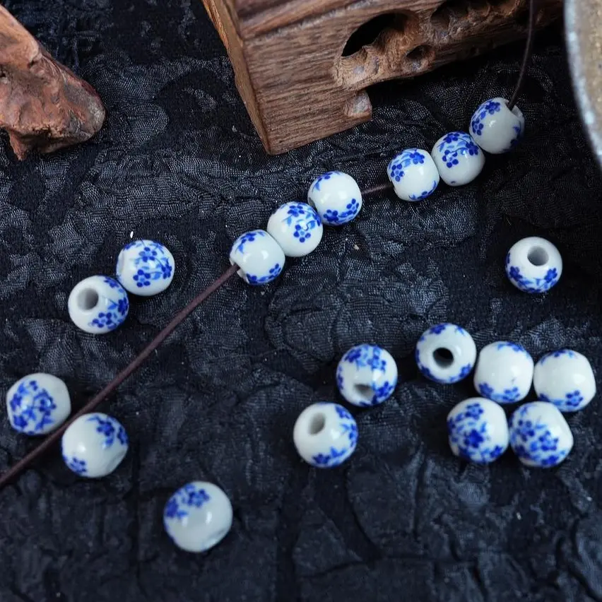 LUMAWU Handmade DIY 8mm High-Temp Glaze Ceramics Beads, 30 Pcs - Blue Floral Chinese Style, Color-Fast, Heat-Resistant Pumpkin Shape, Textured 3D Stripes, Geometric for Beads Making, Home Decor