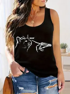 Women'S Plus Size Boo Graphic Tank Top - Sleeveless, Crew Neck Casual Summer Vest With Skeleton Hand Design, Perfect For Beach & Weekend Wear, Plus Size Tank Tops