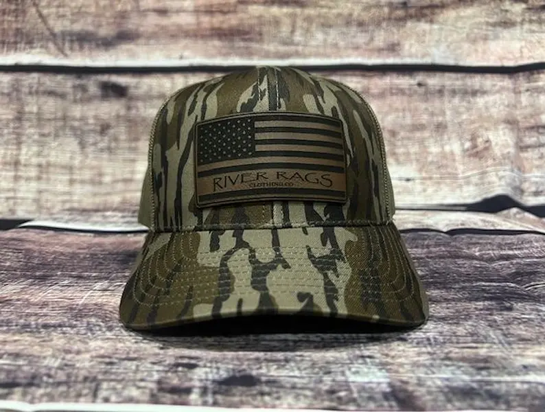 River Rags Clothing Co Trucker Richardson 112 Mossy Oak Bottomland Camo Loden American Flag Patch Snap Back Hat Unisex Classic Style