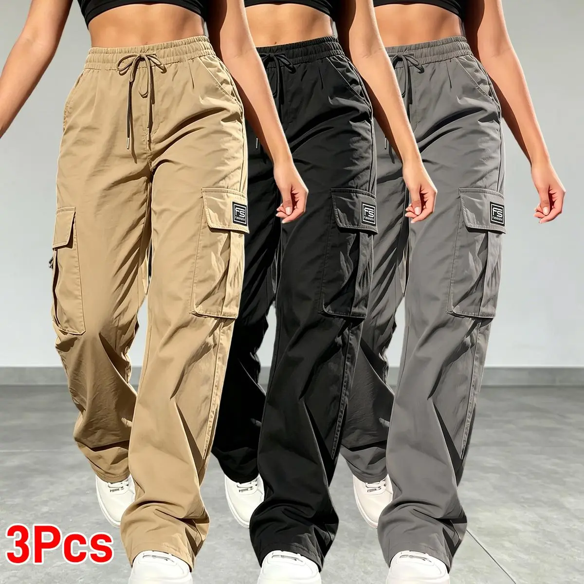 3PCS women’s cargo pants: casual, elastic waist, Bohemian minimalist basic women’s pants with pockets; suitable for summer outfits, vacations, and beachwear; sporty casual style; comfortable loose fit; casual drawstring high-waist pants; loose, comfortabl