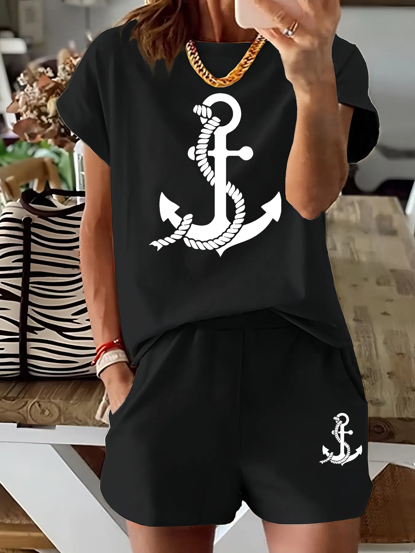 Summer Women's Short Sleeve T-Shirt and Shorts Set, Womenswear Nautical Anchor Print Casual Ensemble, Fitted Thin Knit Fabric for Beach Days