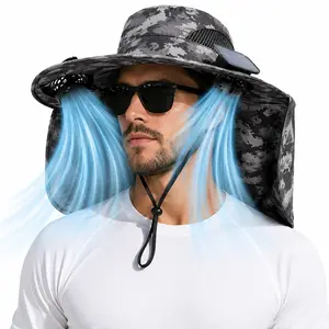 Solar Summer Cooling Hat with 2 built-in fans, wide brim for sun protection, bucket hat style, quick-drying and rechargeable, adjustable headband, cool and breathable with high airflow, long battery life, for daily use & garden parties, home use & fishing