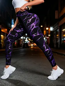 Women's Violet Print Fashion Workout Pants, High Waist Tight Fit, Breathable Stretchy Yoga Tights, All Season Sportswear, Athletic Pants