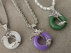 Silver-Colored Jade Flower Pendant Necklace