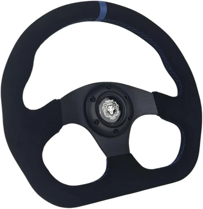 12.5" D-Shaped Suede Steering Wheel Blue Stitch, Black Spoke, w/Horn