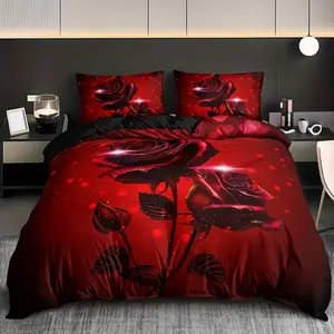 3PCS red rose flower quilt cover set (1 quilt cover + 2 pillowcases without pillow core), high definition printing in home dormitory