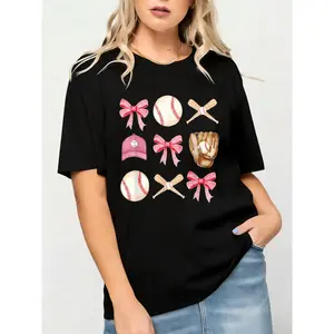 Black T Shirt With Baseball And Pink Bow Print For Casual Wear