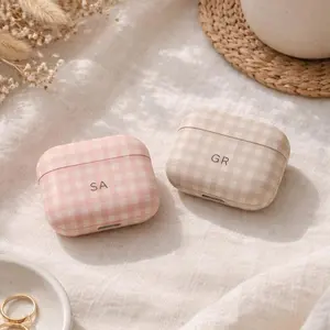 Boho Gingham Personalized Monogram Airpod cases Initials Letter Custom Protecitve Accessories Cover For Airpods Gen 1 2 3 4 Pro, No Keychain