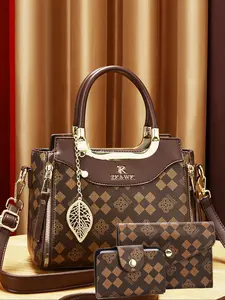 Women's Fashionable Geometric Pattern with Charm & Wallet, Casual Versatile Zipper Shoulder Bag Set for Daily Used, Trendy High-quality Daily Commuting Bag, Handbag Combo