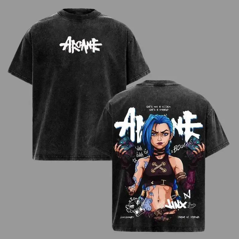 Men's Jinx Arcane League of Legends Graphic T-Shirt - Double-Sided Acid-Washed Cotton Top, Loose-Fit Streetwear, Humorous Short-Sleeve Men's Tee