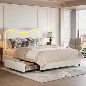 Garvee Queen Boucle Bed Frame with 2 Storage Drawers and LED Lights, Teddy Upholstered Platform Bed with Wood Slats Support, Noise-Free, No Box Spring Needed, White