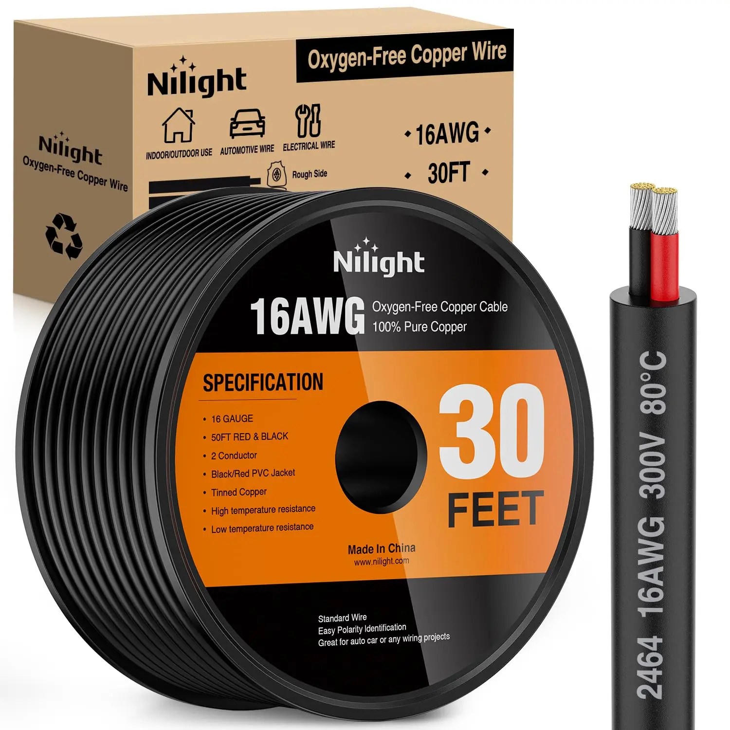 Nilight 30FT 16AWG Anti-Oxidation Oxygen-Free Copper Electrical Wire - Red Black Stranded PVC Cord, 2-Conductor Parallel Flexible Direct Burial Cable, 300V DC Safe Extension with Better High Conductivity for LED Light Strips, Automotive, High Temperature