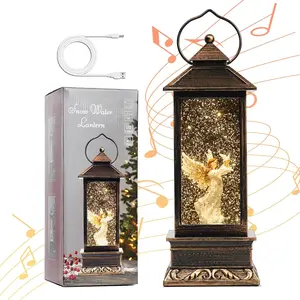 12" Christmas Snow Globe Lantern with Angle and  - Water Glittering LED Light Lantern with Music -  Xmas Angle Gifts - USB Plug or  Operated Home Decor (Angel)