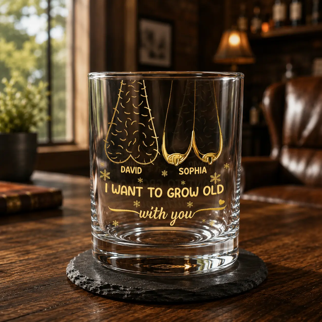 I Want To Grow Old With You Glass, Personalized Couple Whiskey Glass, Funny Couples Gift for Him Her, Custom Name Whiskey Glass, Anniversary Gift for Husband Wife, Boyfriend Girlfriend Gift, Romantic 11oz Rocks Glass, Valentine's Day Gift, Wedding Gift Bi