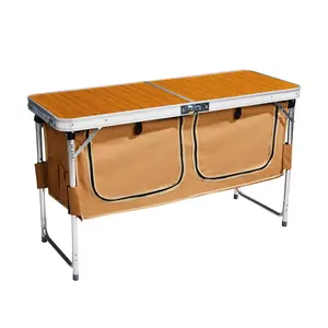 Outdoor Folding Camping Table with Storage Compartment, 4ft Portable Pinic Table with 3 Adjustable Height, Carry Handle for Outdoor Indoor Hiking Camp BBQ Beach, Wooden Pattern,summervibes