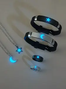 Night Glow Star Moon Couple Necklace Bracelet Ring Set, Simple Cute Style, Glowing Valentine's Day Gift, Jewelry for Lovers