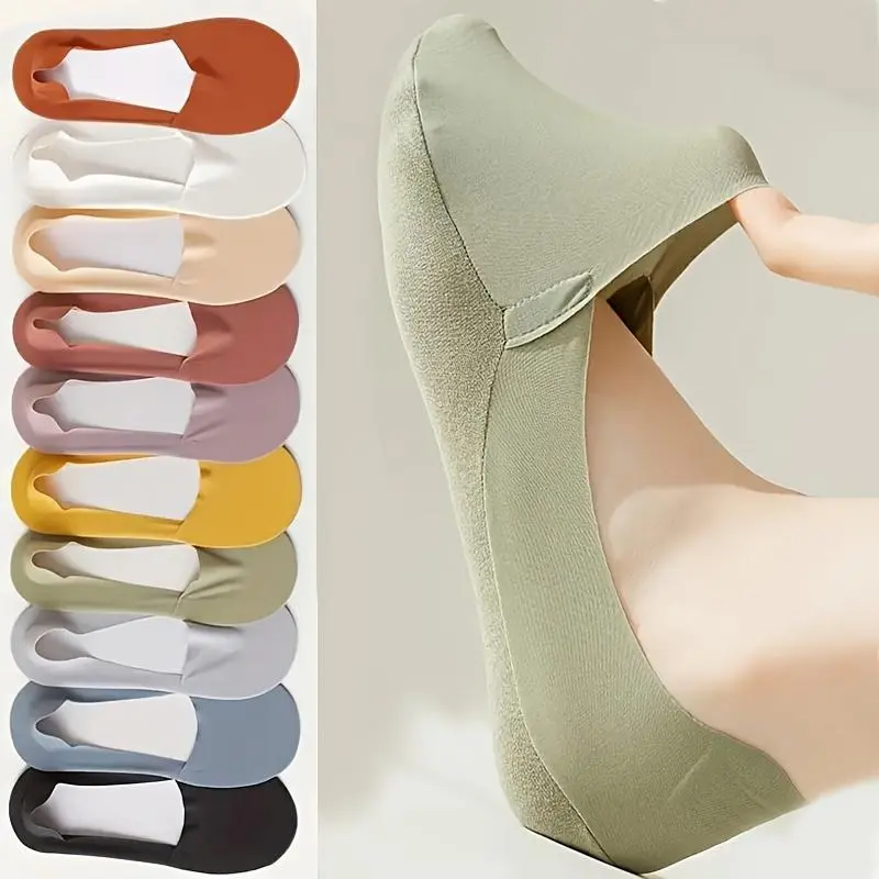 【Summer Vibes】10 Pairs of Women's Invisible Socks - Comfortable, Breathable Polyester Short Socks with Sponge Bottom for Enhanced Grip and Stability, Smooth Knitted Fabric, Perfect for Casual Wear Womenswear Basic,graduation gifts,appreciation gifts
