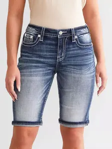 Women's Skinny Jean Shorts, Back Embroidery, Ripped, Frayed Raw Hem, Distressed, Casual Womenswear Bottoms