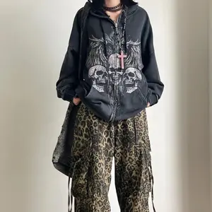 DarkY2KGothicAmericanRetroSkullPrintZipperHoodieFleeceJacketPunkCross-BorderTrendyCool