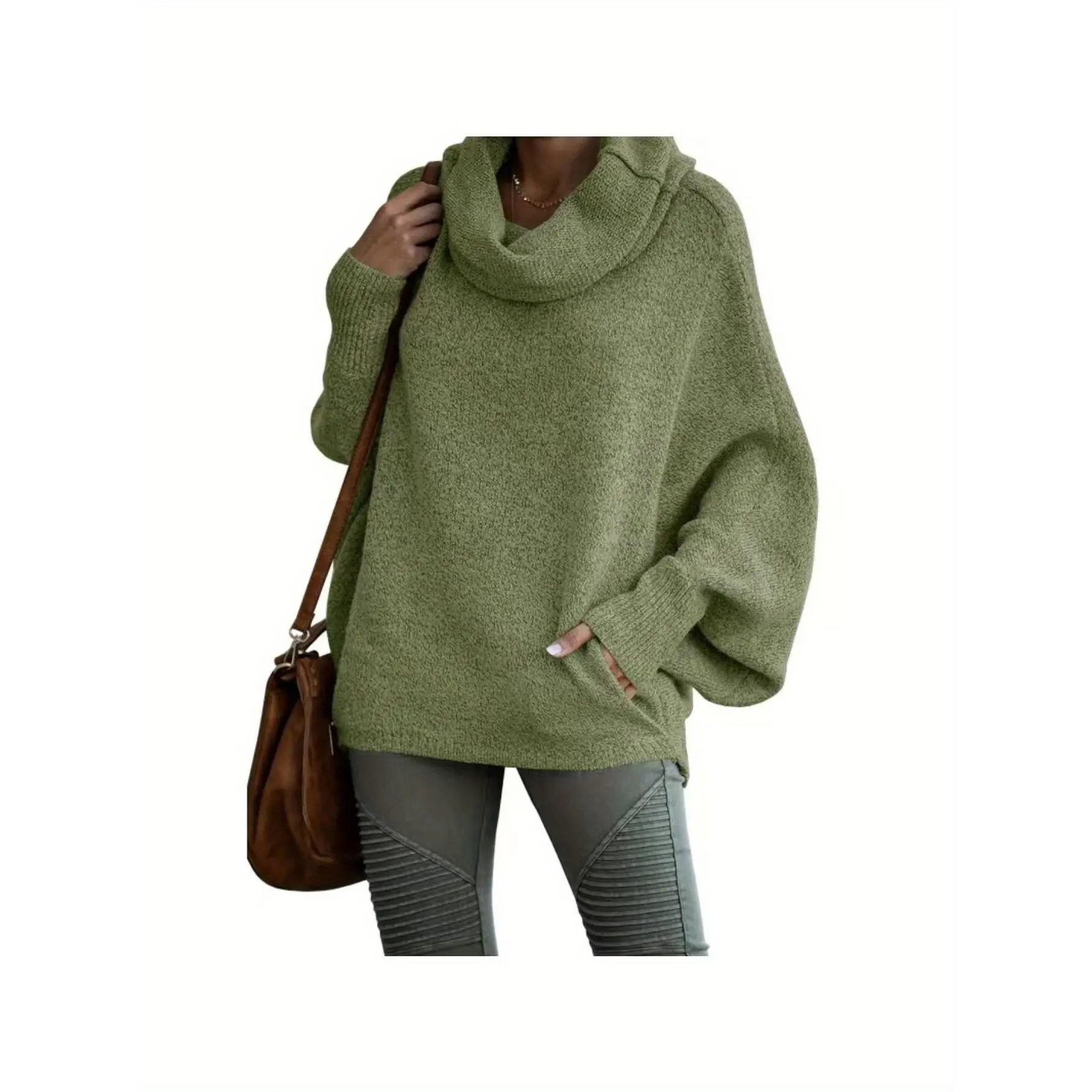 Women's Oversized Turtleneck Sweater, Casual Soft Maroon Knit Pullover with Long Balloon Sleeves for Fall & Winter, Knitwear, Longsleeves