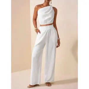 Two-Piece Set Women's Solid Color Top & Pants, Elegant Fashion Casual Top & Trousers for Daily Outdoor Wear, Women's Clothing for Summer