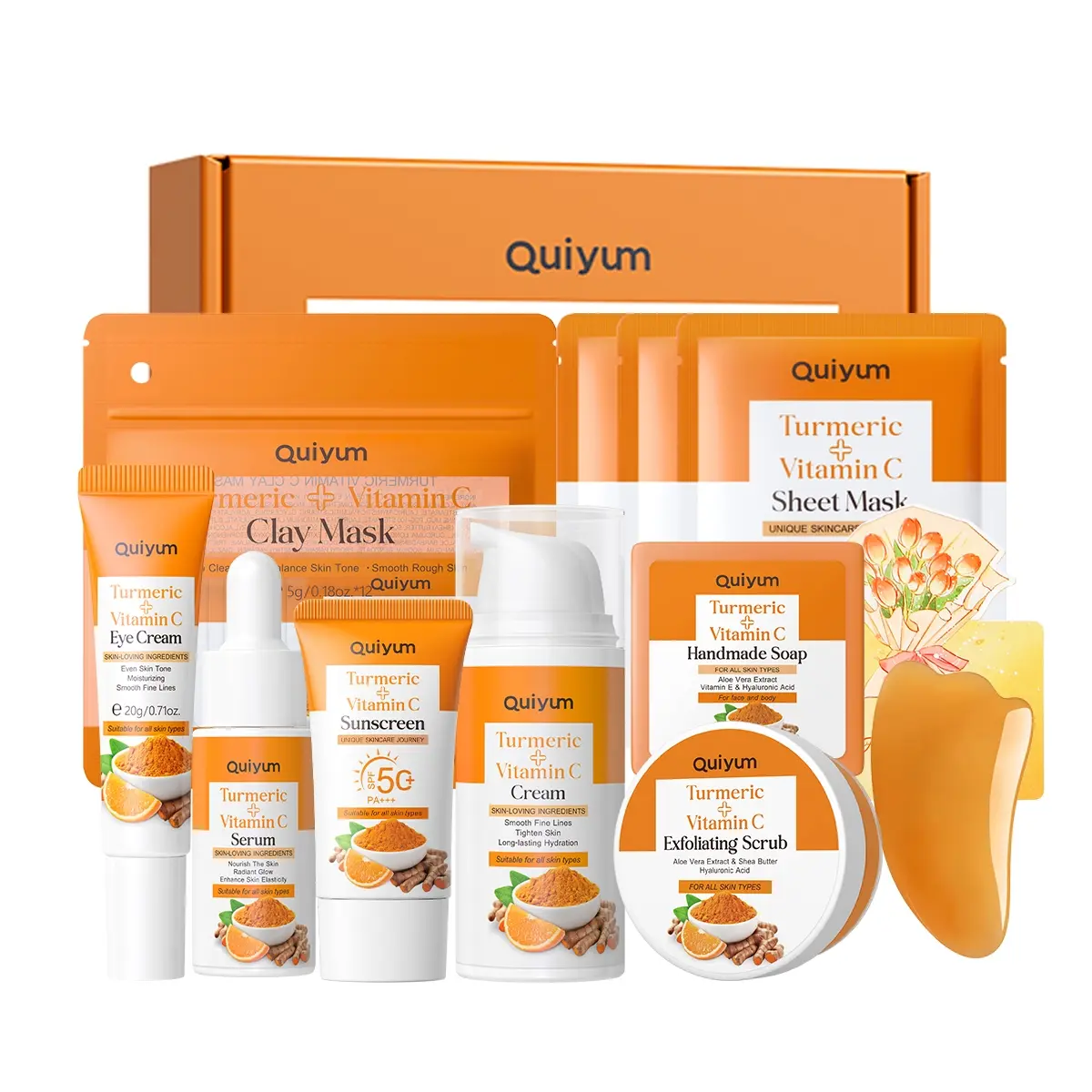 Quiyum Turmeric Skincare Set, Moisturizing Set, Eye Cream, Serum, Moisturizer,Suncreen,Scrub,Clay Mask, Soap,Scraping Pate,Card,Gift Box,Hydrating Soothing,Best Gift, Hyperpigmentation Care Set, Hydration Care Set