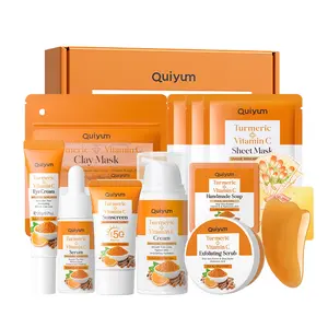 Quiyum Turmeric Skincare Set, Eye Cream, Serum, Moisturizer,Suncreen,Scrub,Clay Mask, Soap,Scraping Pate,Card,Gift Box,Hydrating Soothing,Best Gift, Hyperpigmentation Care Set