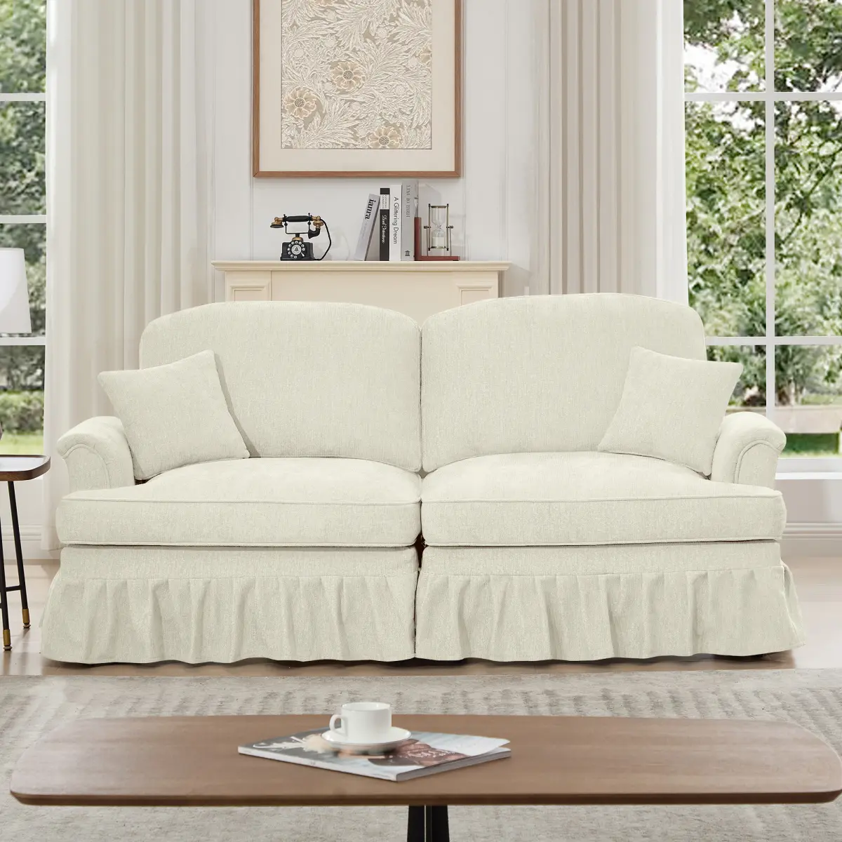 Modular Sectional Sofa Couch, Comfy Chenille Two-Seat Sofa with Removable Ruffles Pleats Skirts, Elegant Mid Century Sofa Couch, for Living Room, Bedroom, Apartment (Beige+White, 76.4inch)