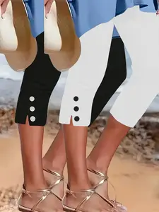 [Women's Capri Pants] 2pcs Women's Stylish Solid Color Capri Pants - Medium Elasticity, Machine Washable, All-Season Casual Wear for Adults, Comfortable Leisurewear |   Sleek Capri Leggings with Button Details