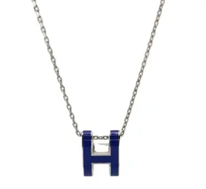 Pre-owned Hermès Mini Pop H Pendant Necklace Palladium Plated Dark Blue Enamel qiqicj4384