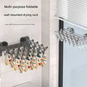 Adjustable Retractable Clothes Rack, Invisible Foldable No-Drill Installation, Space Saving Indoor Outdoor Hanging Storage Rack