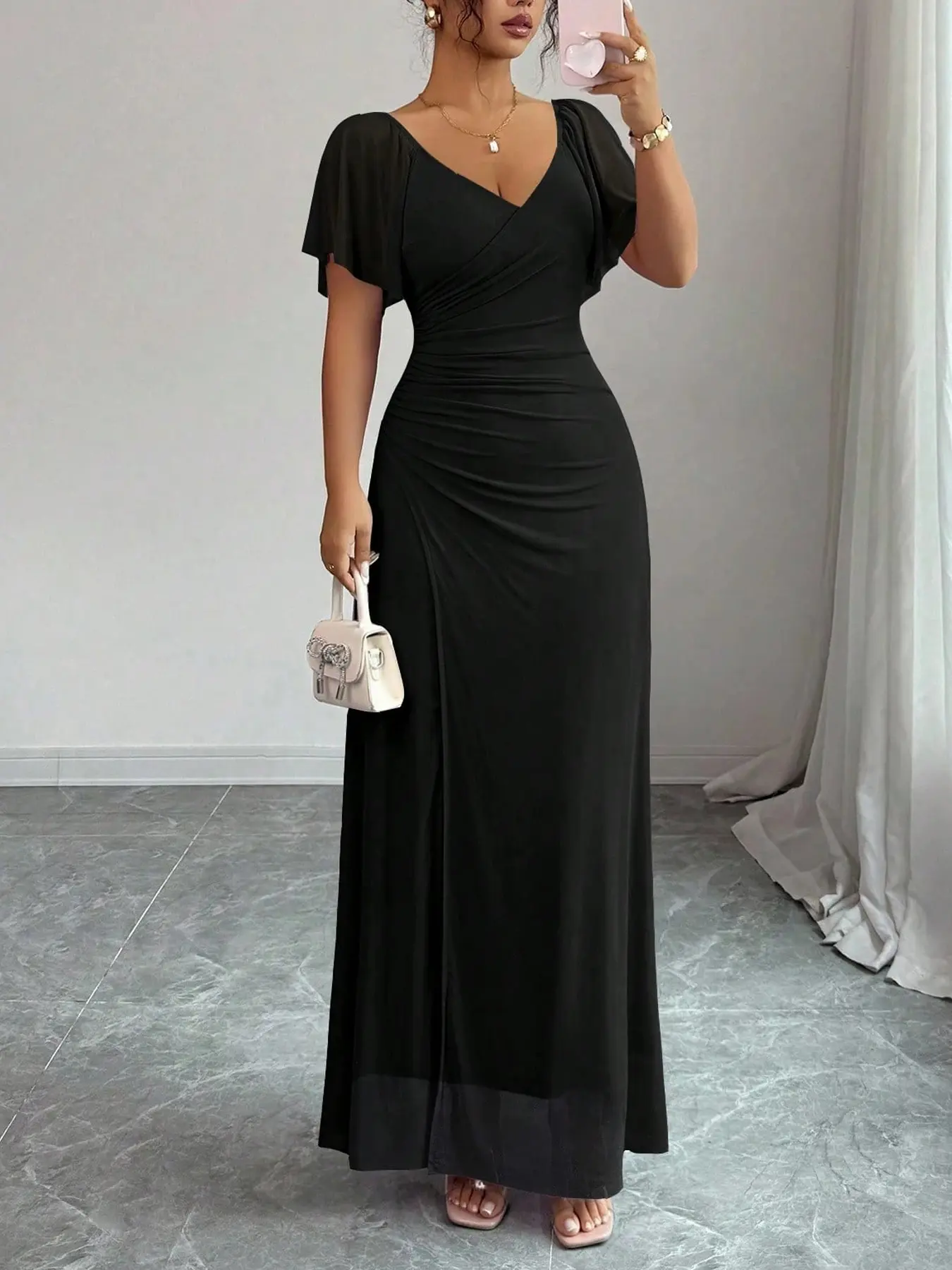 Women's V-Neck Ruffle Sleeve Wrap Dress, Womenswear Lady Casual Elegant Feminine Elegance Party Gown Fancy Dress for Spring Summer, Chic Cocktail, Perfect for Special Occasions