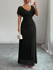 Women's V-Neck Ruffle Sleeve Wrap Dress, Elegant Feminine Party Gown for Spring Summer, Chic Cocktail, Perfect for Special Occasions