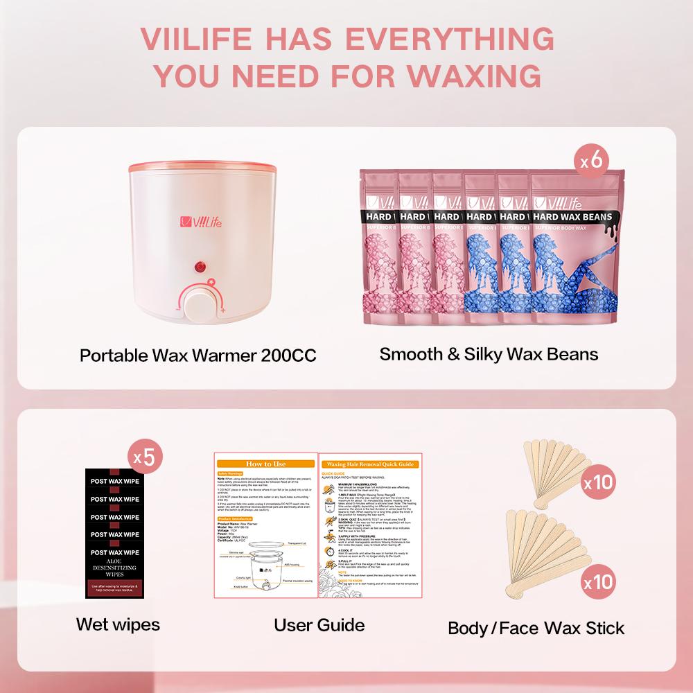 Mother's Day New Arrival - Viilife Hard Wax Hair Removal Kit (with Adjustable Temperature Control) - Includes 20 application wands - Suitable for full-body hair removal; enriched with various plant extracts, specially formulated for sensitive skin.