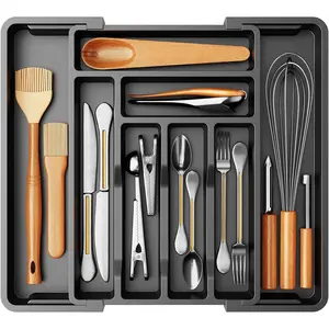 Expandable BPA-Free Black Plastic Silverware Drawer Organizer Boxes - Kitchen Cutlery Storage Tray for Forks, Spoons, Knives