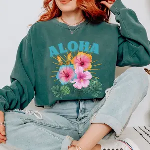 Comfort Colors Aloha Hawaiian Sweatshirt with Hibiscus Flower Design, Unisex Crewneck, Cotton Fabric, Ideal for Best Friend Gifts, Vacation Sweatshirt