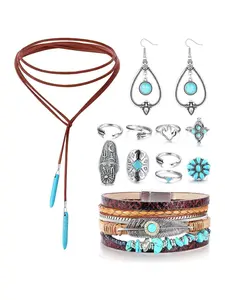 11 Pcs Natural Bohemian Turquoise Jewelry Set, Elegant Jewelry Set, for Women Men Vintage Turquoise Statement Dangle Earrings Boho Leather Cuff Bracelet with Stackable Knuckle Rings Set Western Jewelry Set Pendant Suede Long Choker Necklace