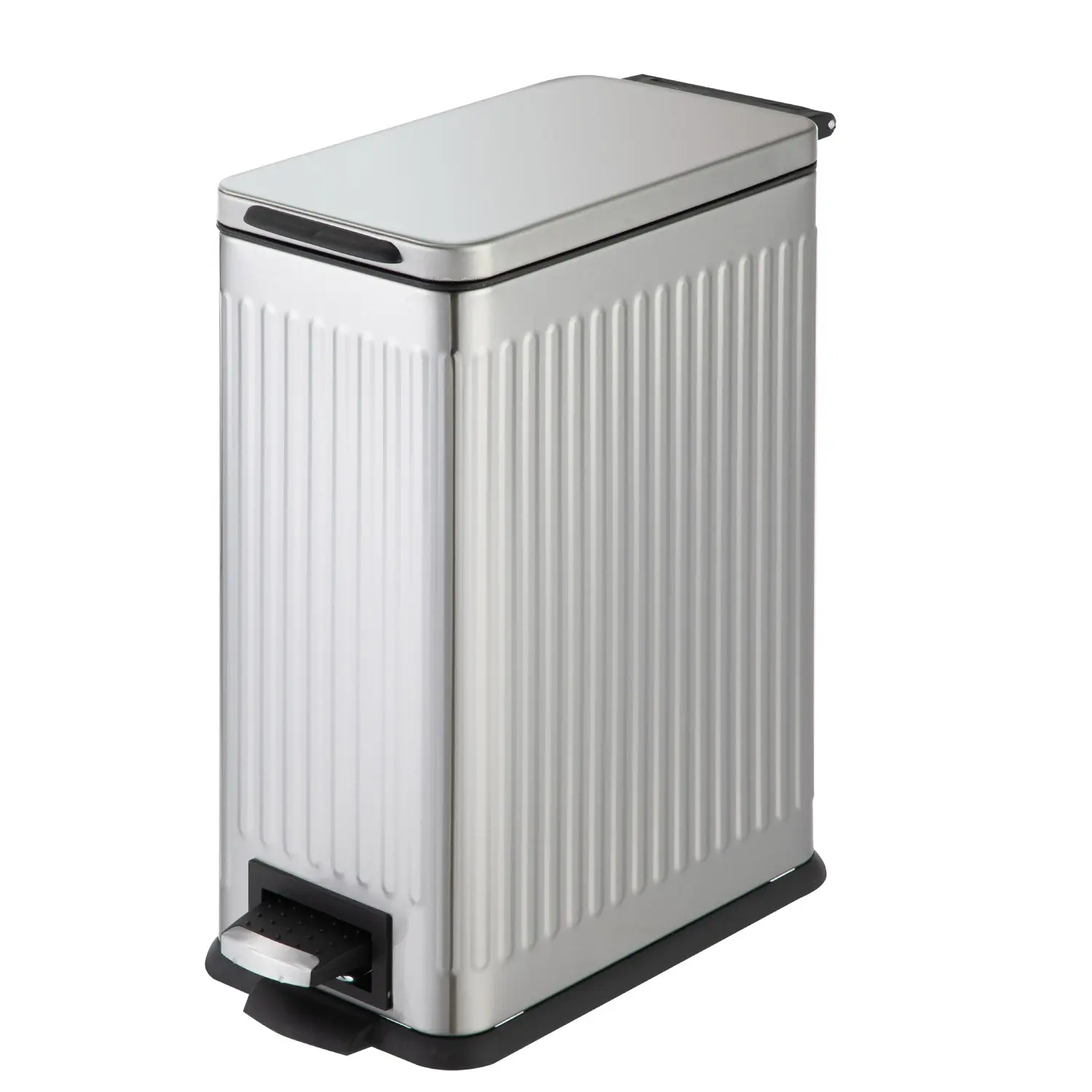 Home Zone Living 3 Gallon Slim Stainless Steel Trash Can with Reeded Pattern, Step Pedal and Soft Close Lid, Silver