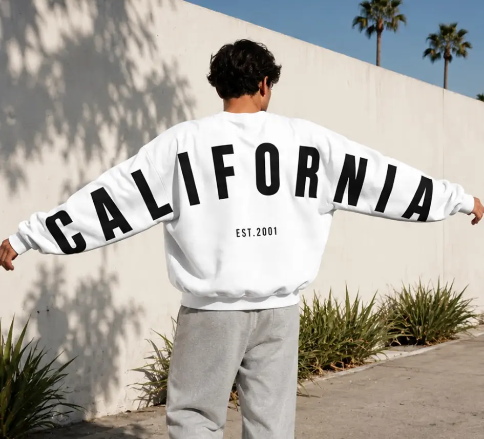 California USA Oversized Printed Back Sweatshirt, Bold Back Letter Graphic with Extended Sleeve Print, Vintage Streetwear, Cozy Unisex Sweatshirt