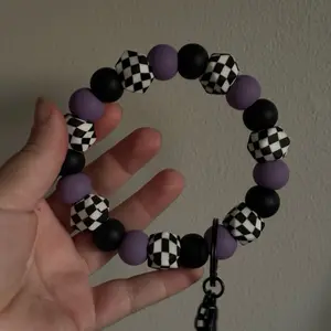 Purple and Checkered Wristlet with Black Chain - Stylish Beaded Accessory for Everyday Wear & Casual Outings