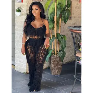 Sexy Women's Knitted Fringe 2-Piece Spring/Summer Halter Top And Pant Suit Beach Comfort Two-Piece Ladies Set Black Clothes Womenswear Trouser Sleeveless Spaghetti Strap Gamis Basic Minimalist Short