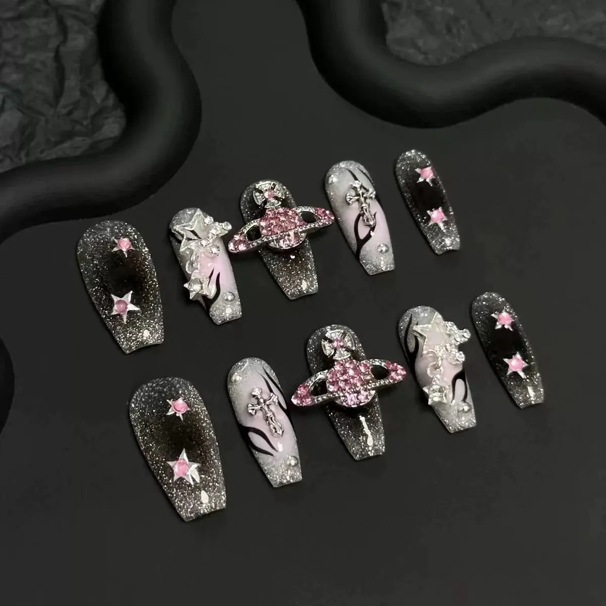 Black Pink Planet Handmade Press on Nail