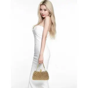 Women's evening bag, shiny crystal rhinestone clutch bag with chain shoulder strap, gold fashion accessory