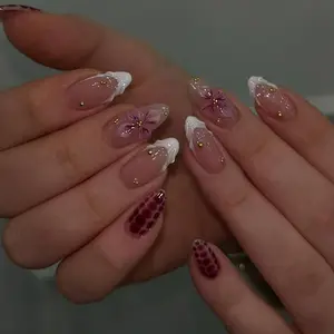 24pcs Almond Shape French Press-On Nails, French Nail Art, 3D Gel Petals, Leopard Print, Full Coverage Acrylic False Nails, Almond Fake Nails for Women and Girls