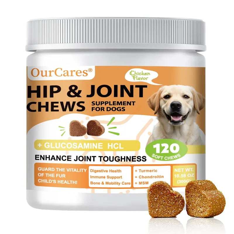 OurCares  Hip and Joint for Dogs Glucosamine for Dogs Hip and Joint Supplement with Chondroitin MSM Vitamins C & E - Chicken Flavor 120 Soft Chews Pet Daily Chews Snacks