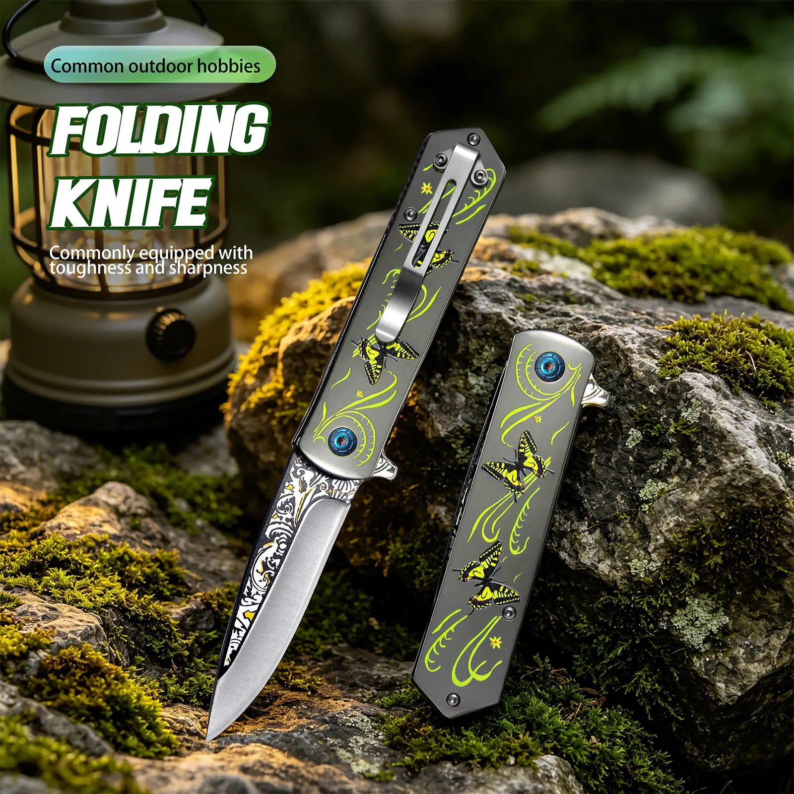 Butterfly & Floral Pattern Mini Folding Pocket Knife for Adults - Manual Fold Tool with Decorative Etched Steel Blades, Liner Lock, Pocket Clip, Everyday Carry for Camping, Outdoor Edc Tools, Mini Folding Pocket Knives